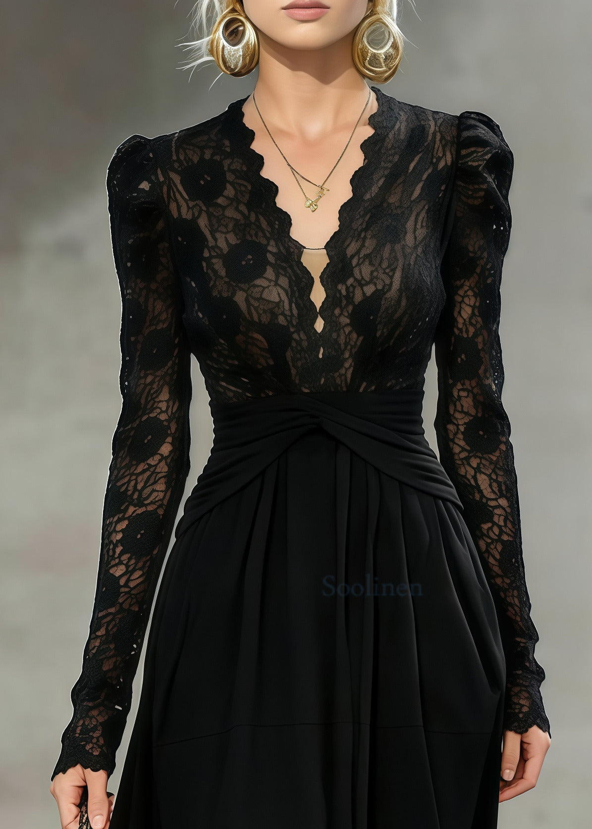 French Black Cinched Patchwork Lace Long Dresses Spring