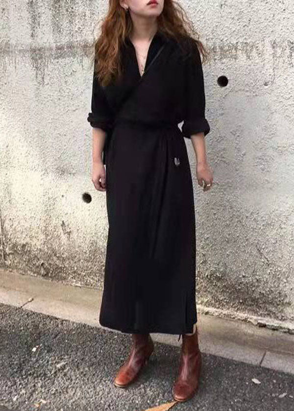 French Black Cinched Side Open Cotton Dresses Half Sleeve