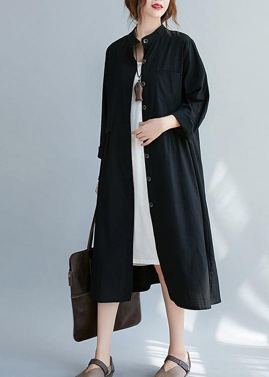 French Black Clothes Stand Collar Button Down a Line Spring Dress