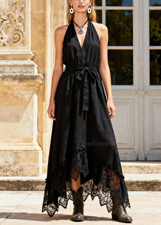 French Black Cold Shoulder Tie Waist Maxi Dress Sleeveless