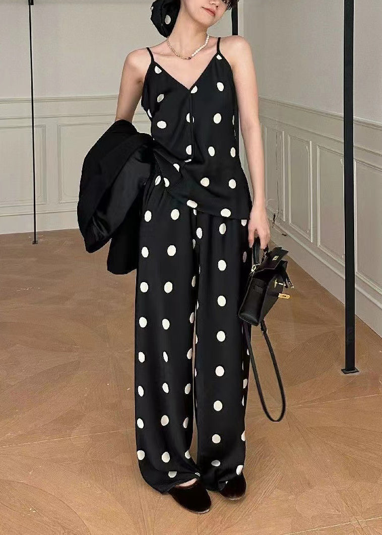 French Black Dot Print Strap and Pants Silk Two Pieces Set Summer