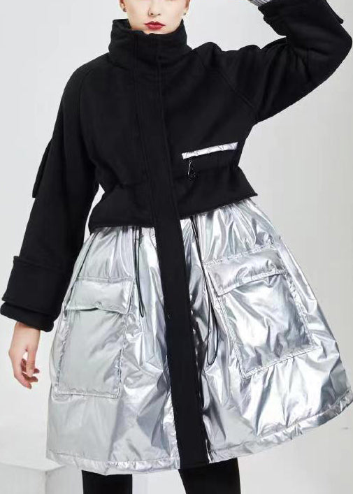 French Black Drawstring Woolen Patchworkcotton Blend Coat Long Sleeve