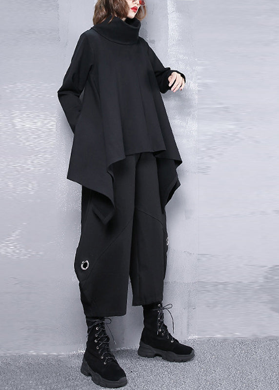 French Black Elastic Waist Iron Ring Pockets Harm Pants Summer