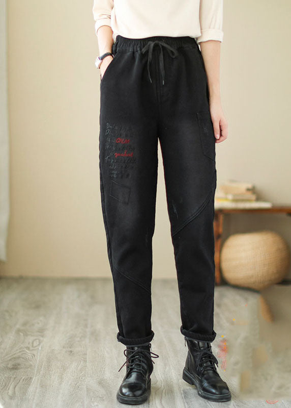 French Black Embroideried Patchwork Denim Pants Winter