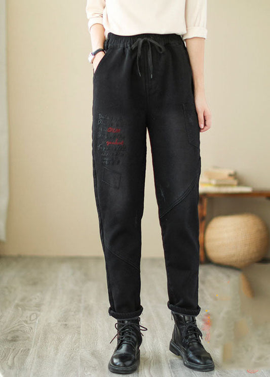 French Black Embroideried Patchwork Denim Pants Winter