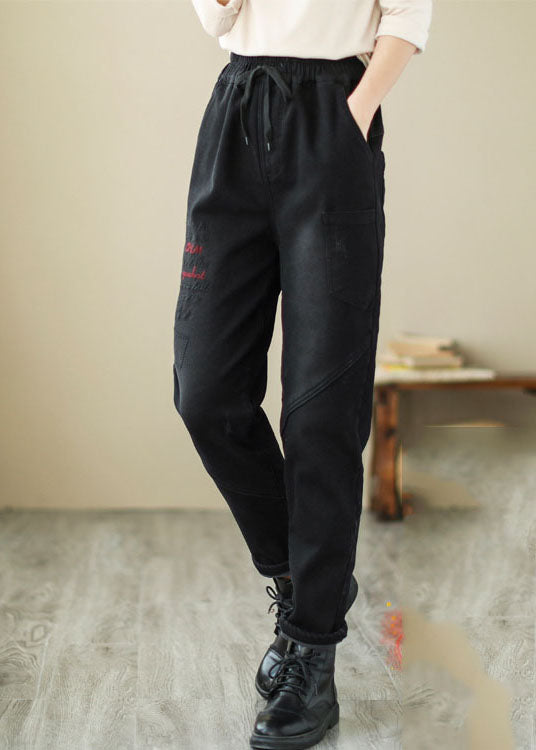 French Black Embroideried Patchwork Denim Pants Winter