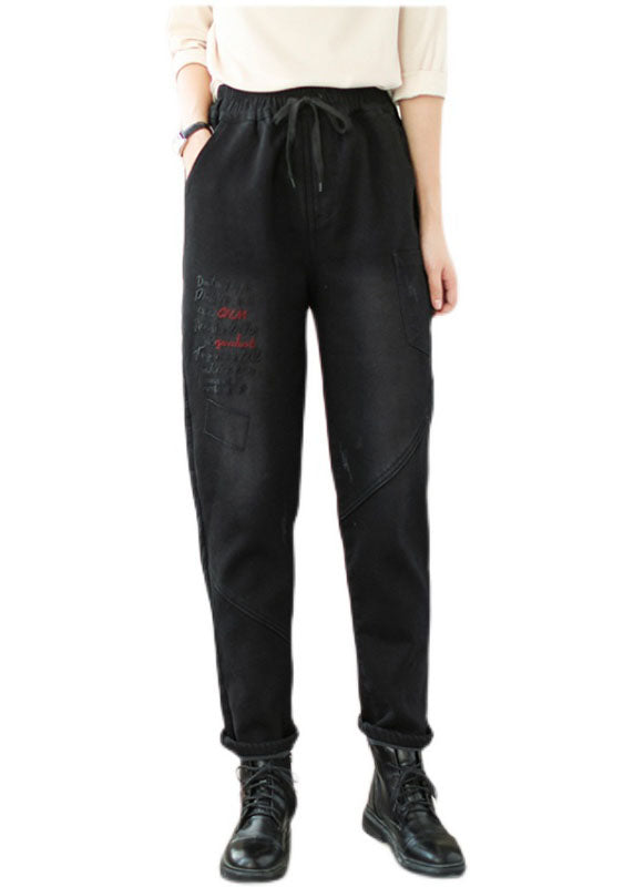 French Black Embroideried Patchwork Denim Pants Winter