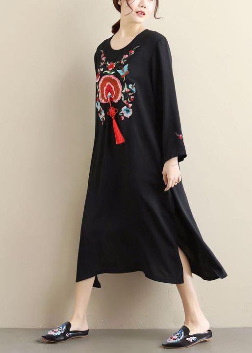 French Black Embroidery Quilting Dresses O Neck Tassel Kaftan Spring Dress