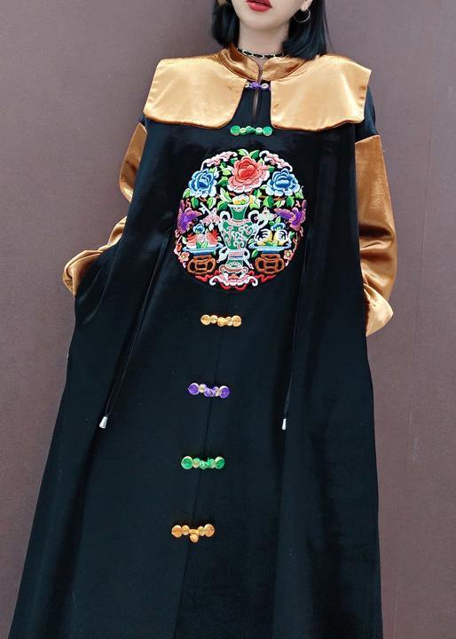 French Black Embroidery Tunic Stand Collar Patchwork Spring Dresses