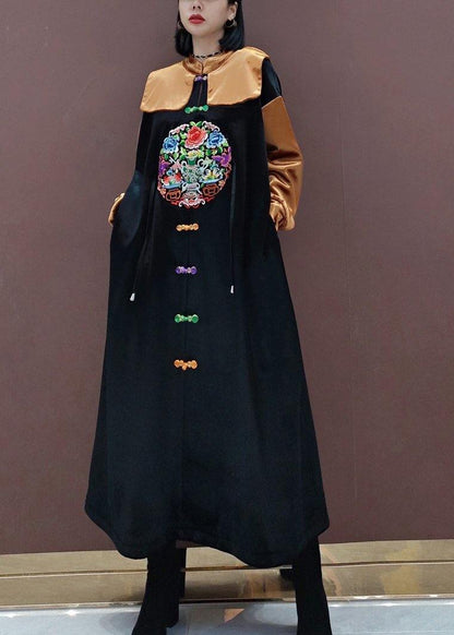 French Black Embroidery Tunic Stand Collar Patchwork Spring Dresses