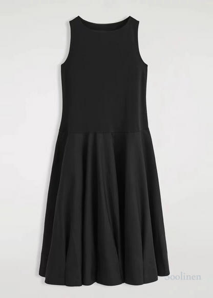 French Black Exra Large Hem Cotton Long Dress Sleeveless