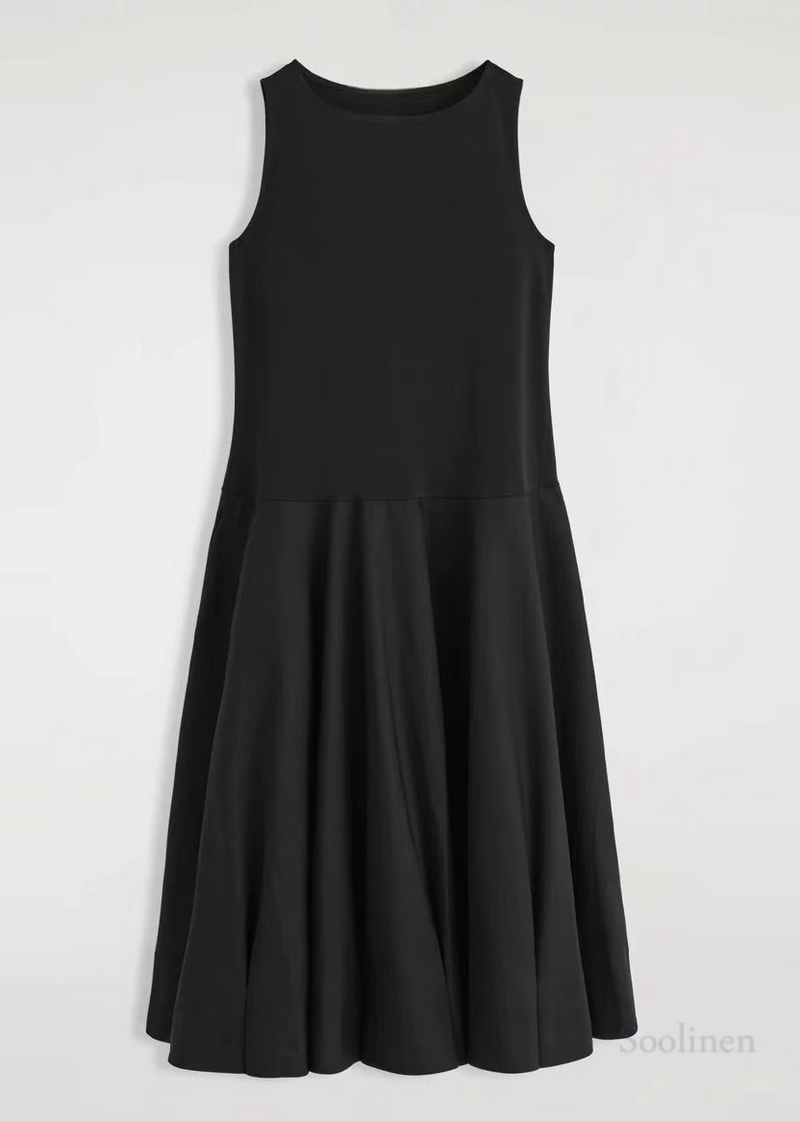 French Black Exra Large Hem Cotton Long Dress Sleeveless