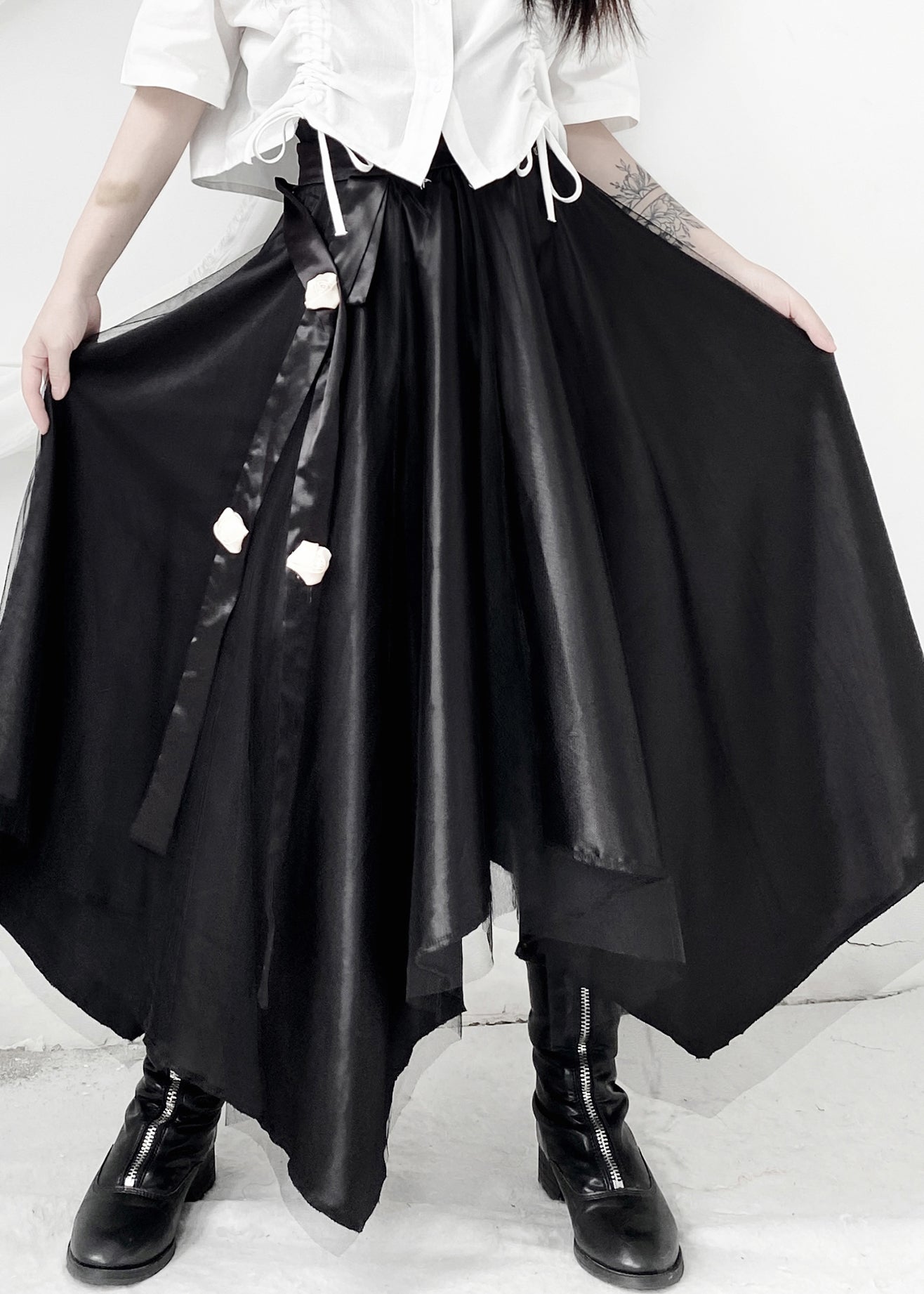 French Black Asymmetrical High Waist Tulle Maxi Skirts Summer