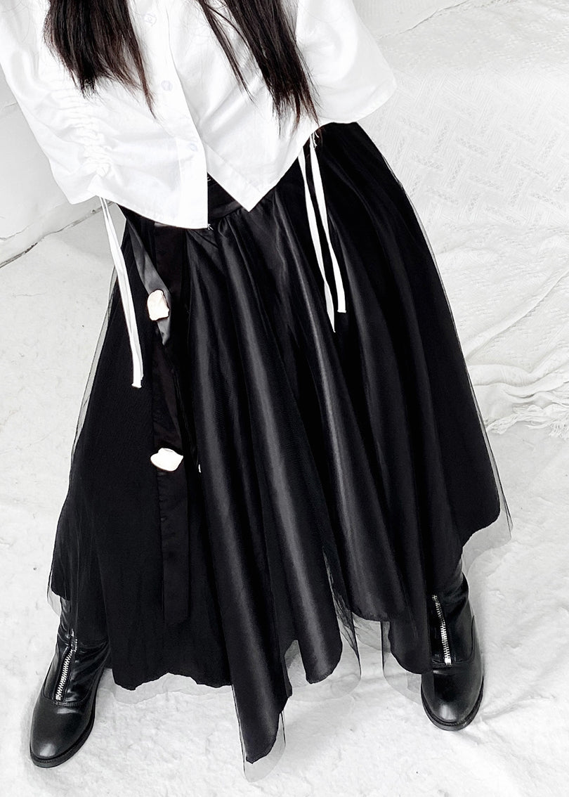 French Black Asymmetrical High Waist Tulle Maxi Skirts Summer