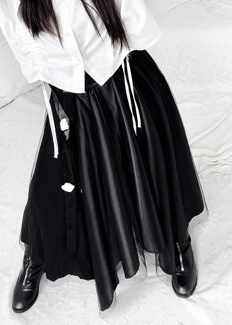 French Black Asymmetrical High Waist Tulle Maxi Skirts Summer