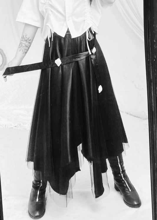 French Black Asymmetrical High Waist Tulle Maxi Skirts Summer