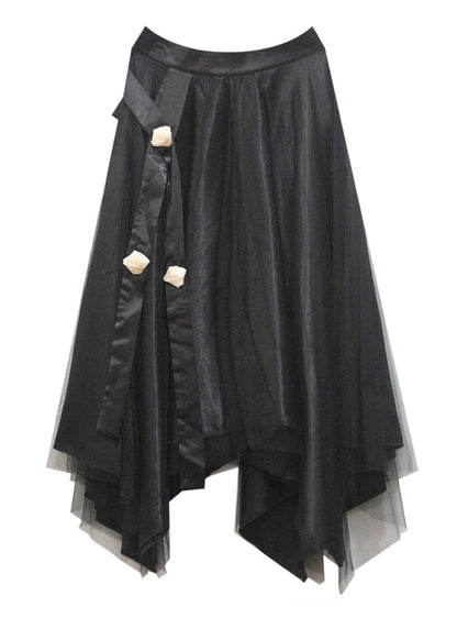 French Black Asymmetrical High Waist Tulle Maxi Skirts Summer