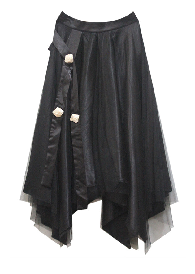 French Black Asymmetrical High Waist Tulle Maxi Skirts Summer