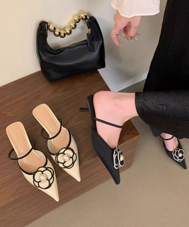 French Black Splicing Slide Sandals Pointed Toe