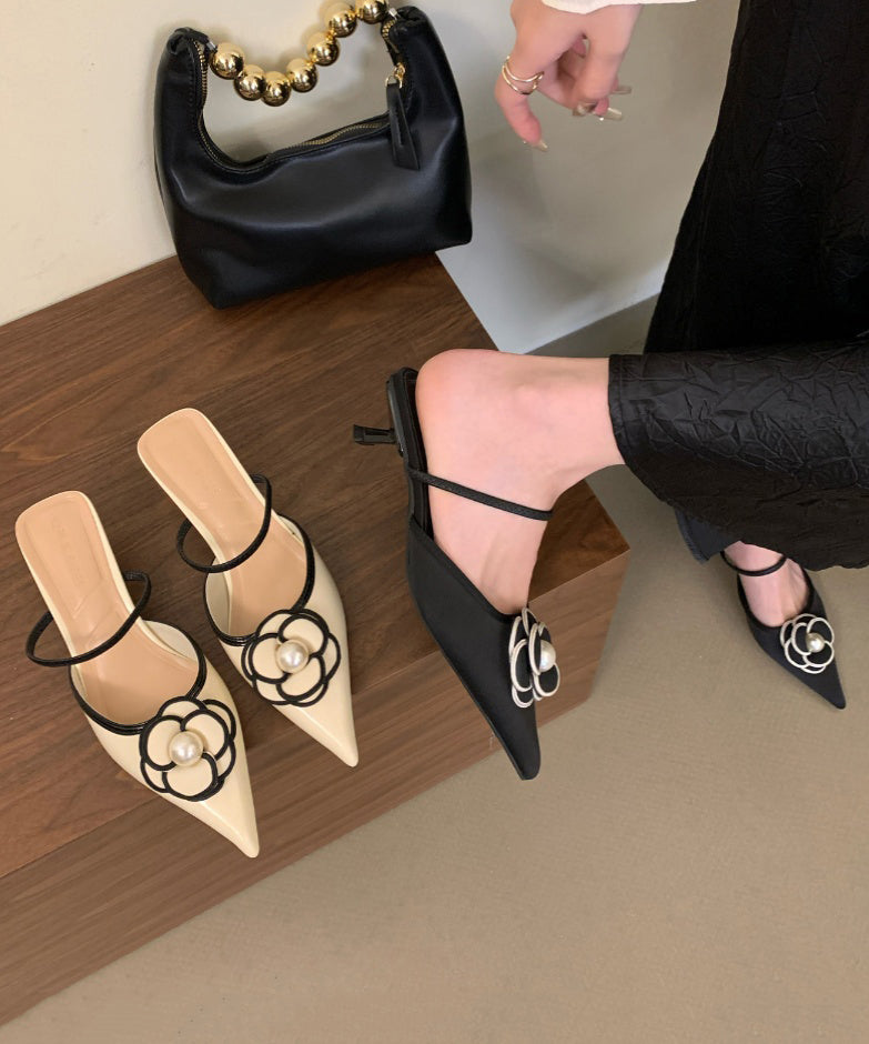 French Black Splicing Slide Sandals Pointed Toe