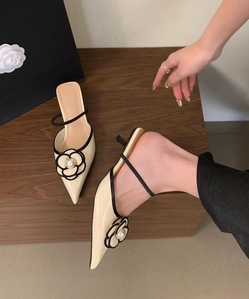 French Black Splicing Slide Sandals Pointed Toe