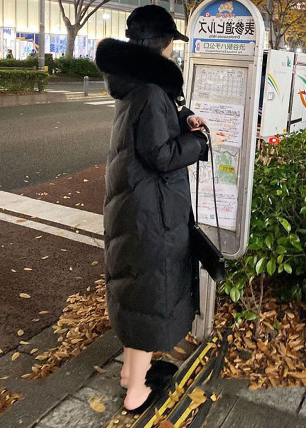 French Black Fur Collar Zip Up Pockets Duck Down Puffer Coat Winter