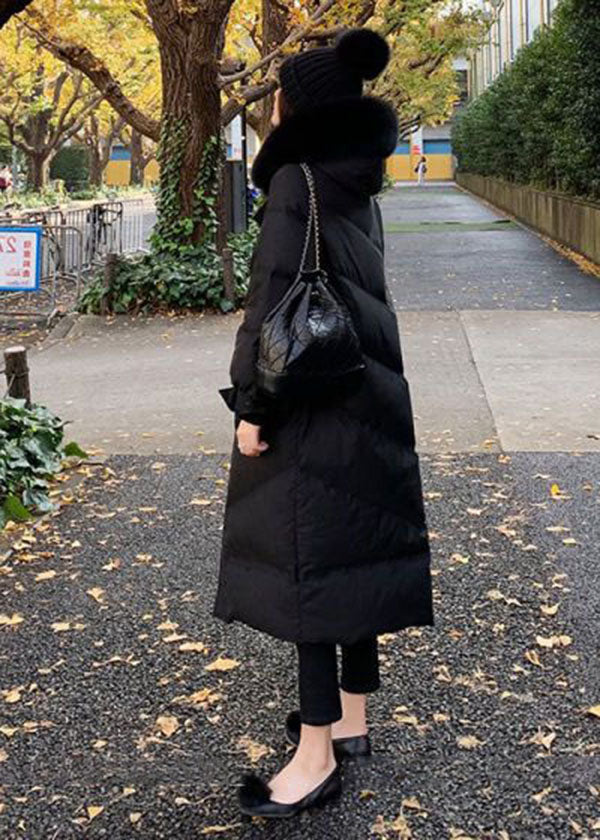 French Black Fur Collar Zip Up Pockets Duck Down Puffer Coat Winter