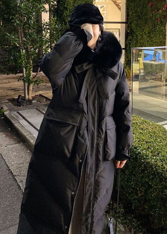French Black Fur Collar Zip Up Pockets Duck Down Puffer Coat Winter