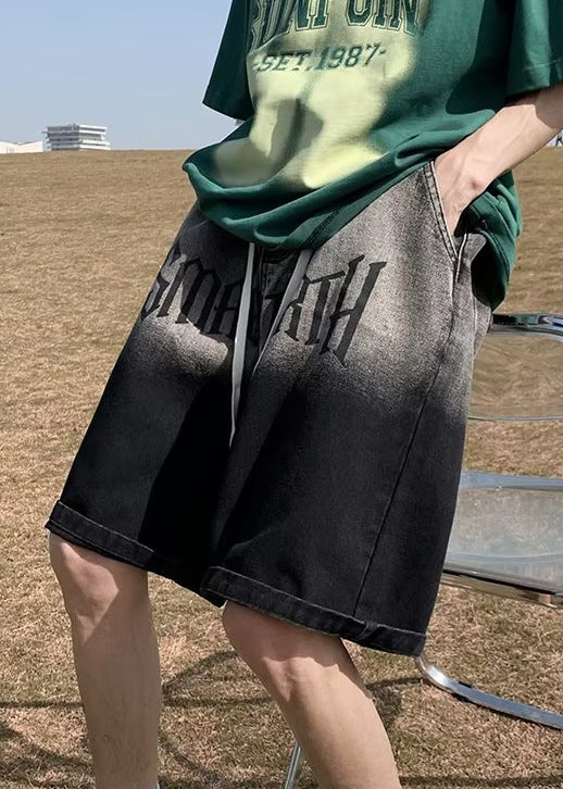 French Black Gradient Color Print Denim Elastic Waist Pockets Shorts