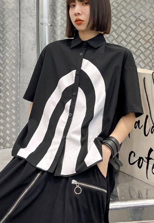 French Black Graphic Buttonlow High Design Shirt Top