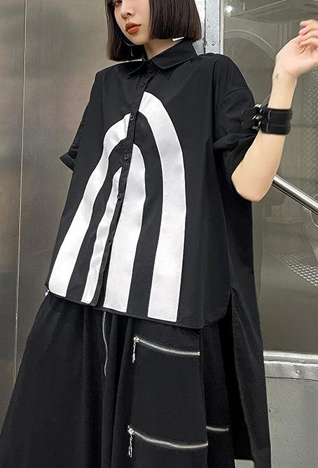 French Black Graphic Buttonlow High Design Shirt Top