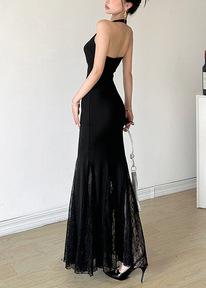 French Black Halter Patchwork Lace Party Dresses Summer