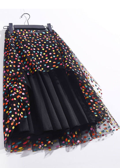 French Black High Waist Dot Print Tulle a Line Skirt Spring