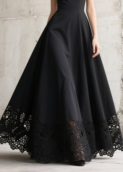 French Black Hollow Out Exra Large Hem Chiffon Long Dresses Summer