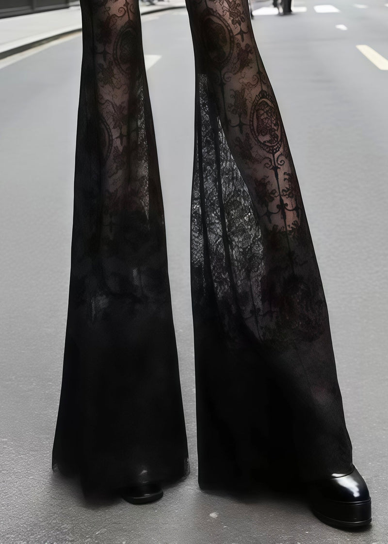 French Black Hollow Out Patchwork Lace Flared Trousers Summer