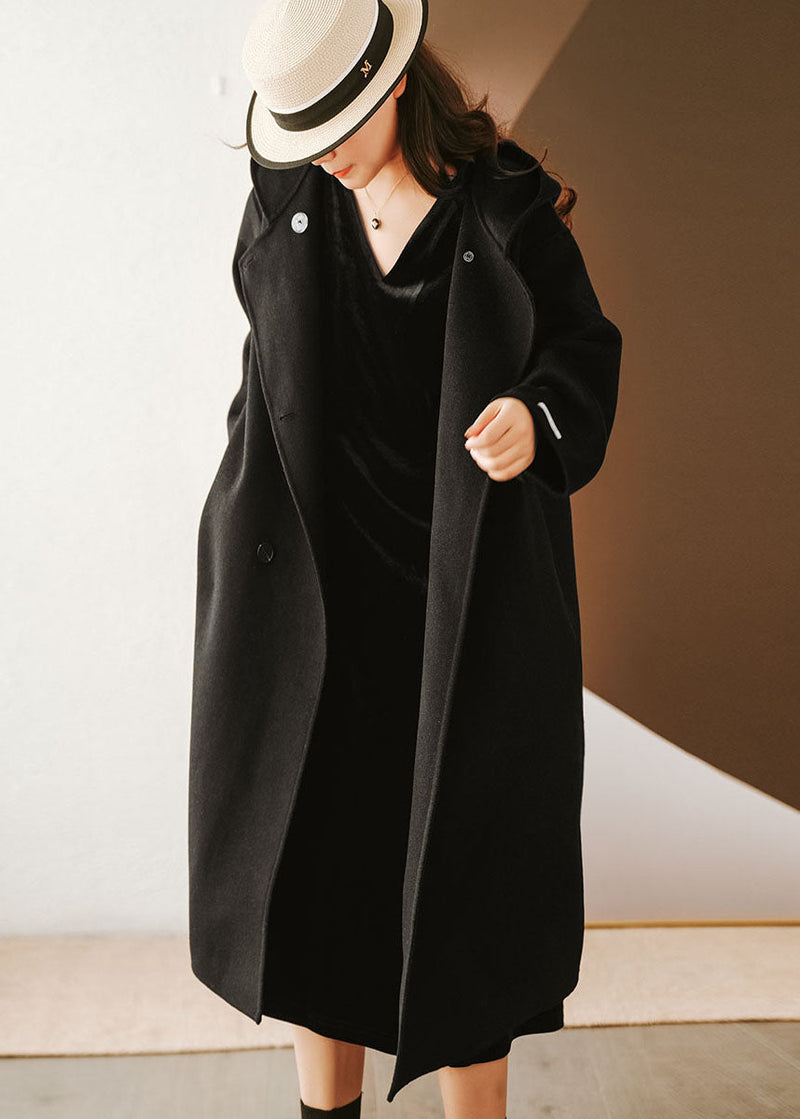 French Black Hooded Color Woolen Loose Trench Winter