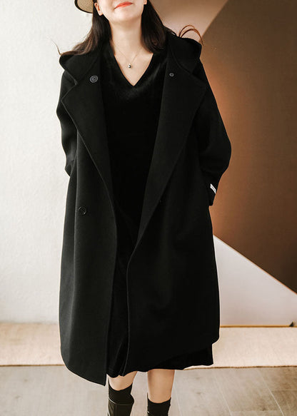 French Black Hooded Color Woolen Loose Trench Winter
