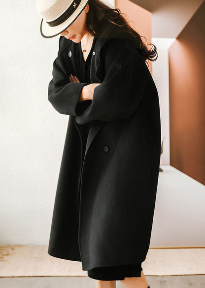 French Black Hooded Color Woolen Loose Trench Winter