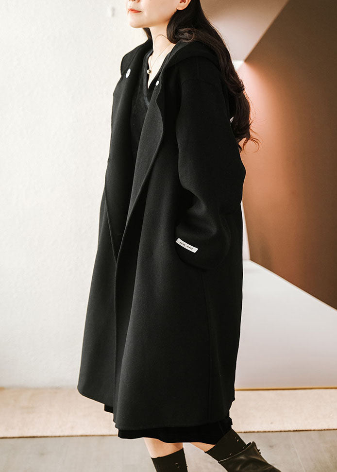 French Black Hooded Color Woolen Loose Trench Winter