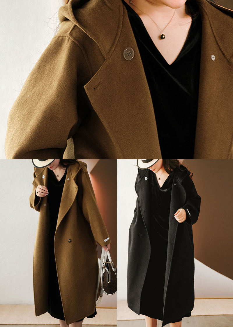 French Black Hooded Color Woolen Loose Trench Winter