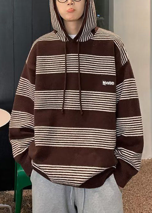 French Black Hooded Striped Knit Sweaters Winter
