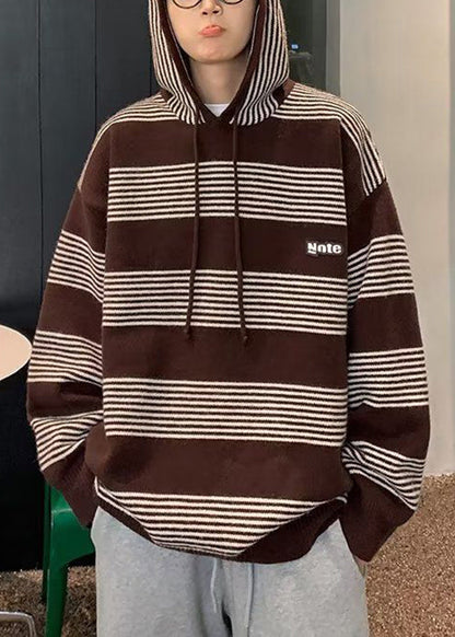 French Black Hooded Striped Knit Sweaters Winter