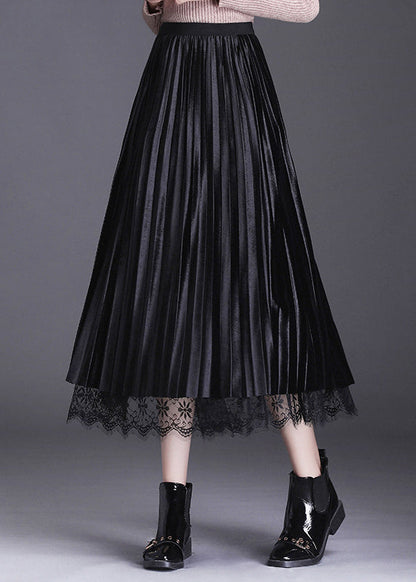 French Black Lace Patchwork Pleated Wear on Both Sides Fall Skirt