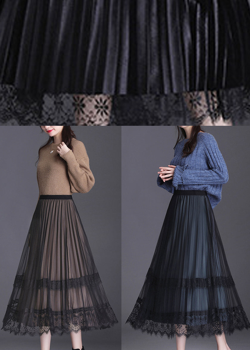French Black Lace Patchwork Pleated Wear on Both Sides Fall Skirt