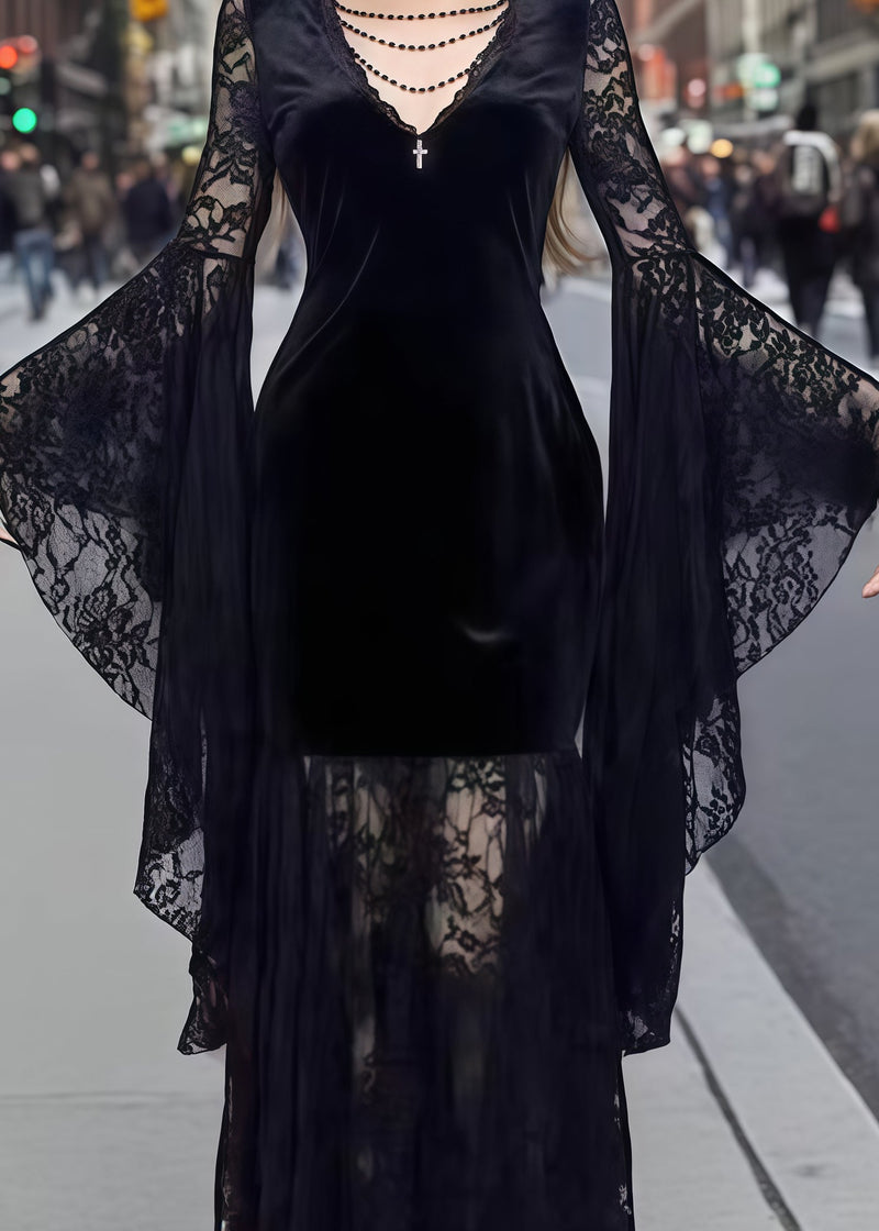 French Black Lace Patchwork Silk Velvet Evening Dresses Flare Sleeve