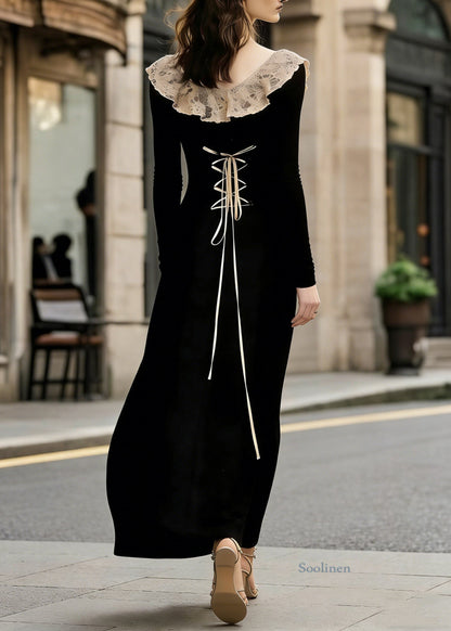French Black Lace Patchwork Wear on Both Sides Cotton Maxi Dress Lace Up Spring