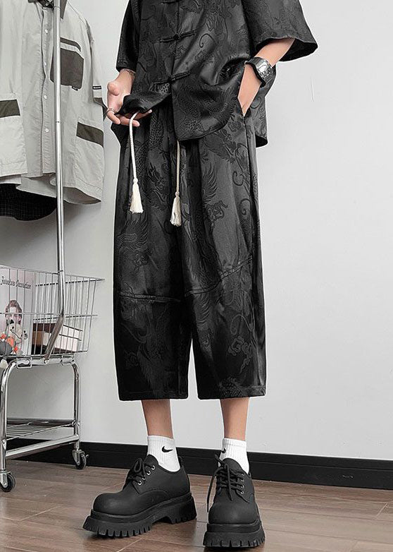 French Black Lace Up Pockets Ice Silk Crop Pants Summer