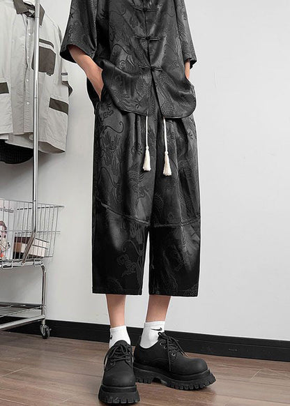 French Black Lace Up Pockets Ice Silk Crop Pants Summer