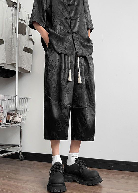 French Black Lace Up Pockets Ice Silk Crop Pants Summer