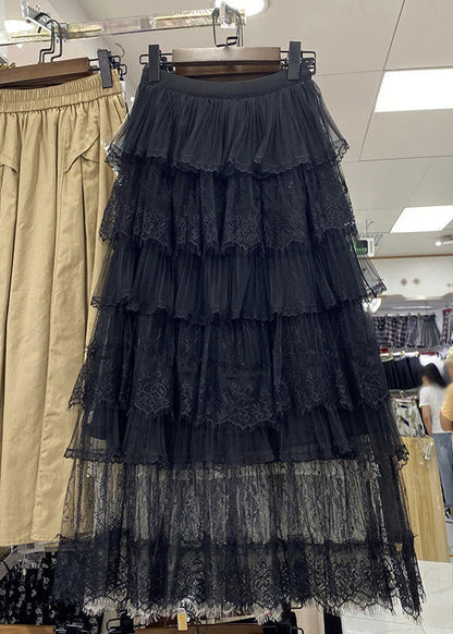 French Black Lace Wrinkled High Waist Tulle Skirt Summer